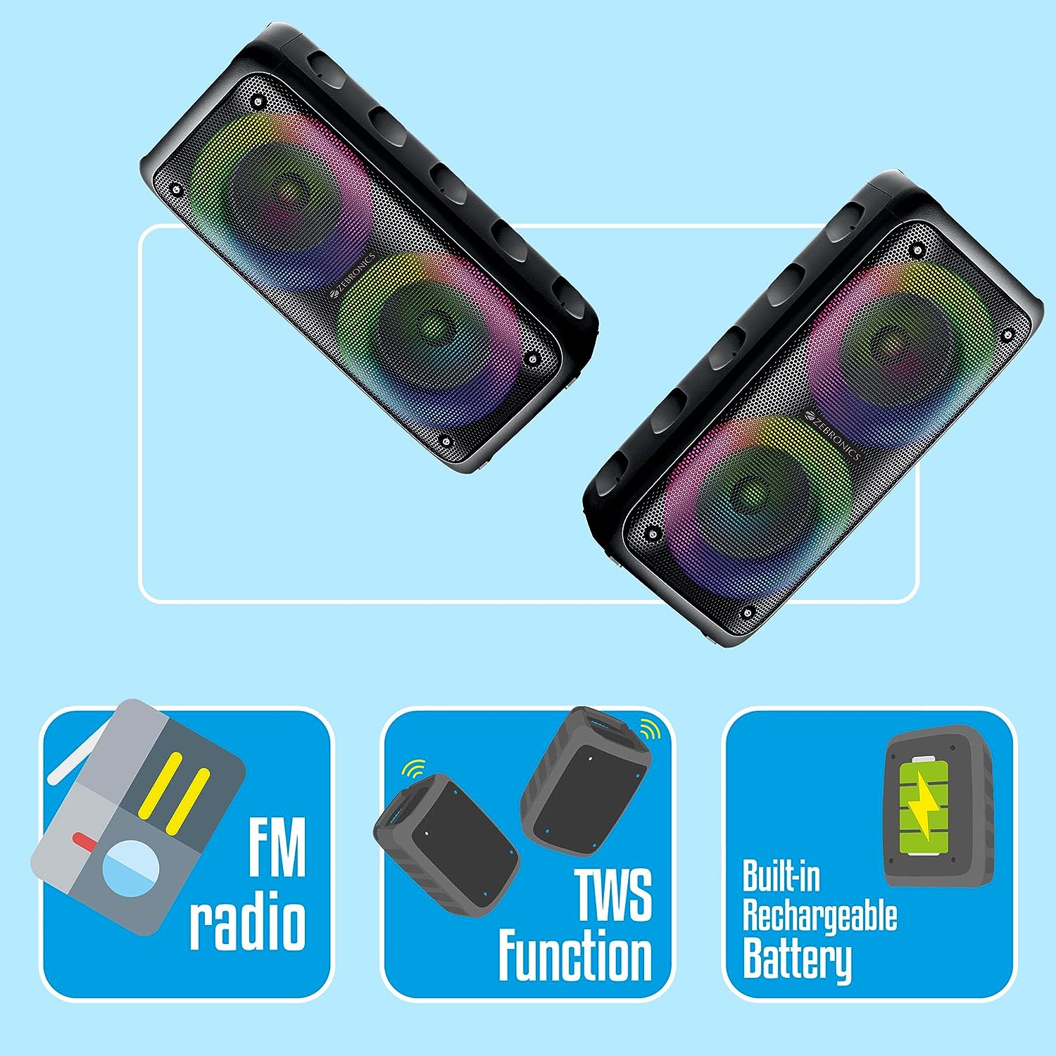 ZEBRONICS Barrel 200 Bluetooth 5.0 Portable Speaker with 40W RMS, TWS, Wired Mic, Karaoke, RGB Lights, Mobile Holder, Dual 6.5" Drivers, Carry Handle and Built-in Rechargeable Battery