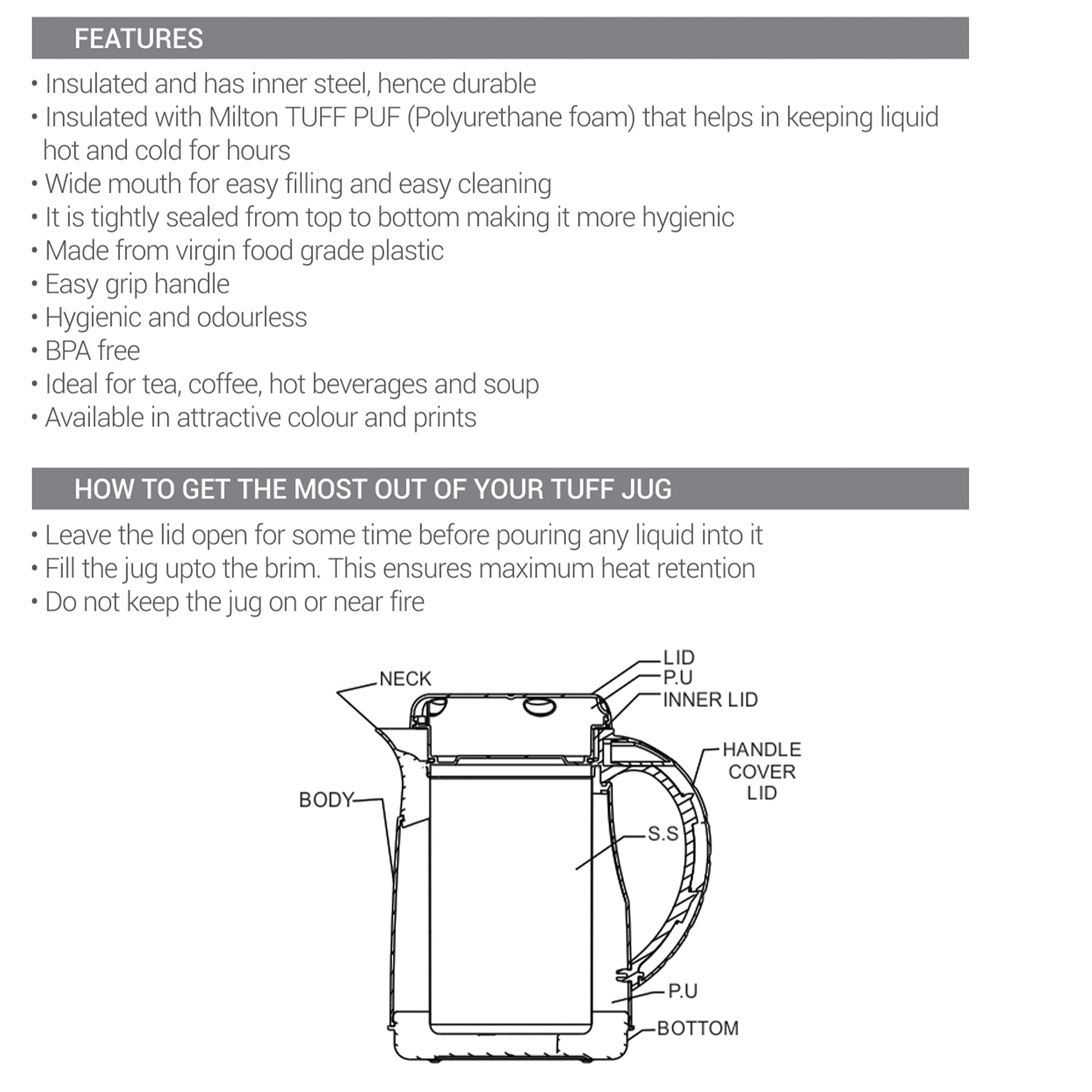 Milton Viva Tuff 1500 Insulated Inner Stainless Steel Jug, 1.35 Litre, 1 Piece, Brown | BPA Free | Hot and Cold | Easy to Carry | Leak Proof | Tea Jug | Coffee Jug | Water Jug | Hot Beverages