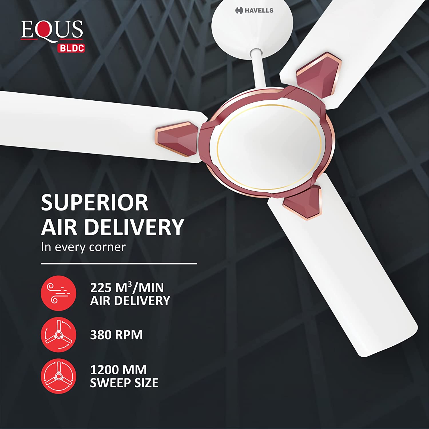 Havells Equs 1200mm BLDC Ceiling Fan White Maroon