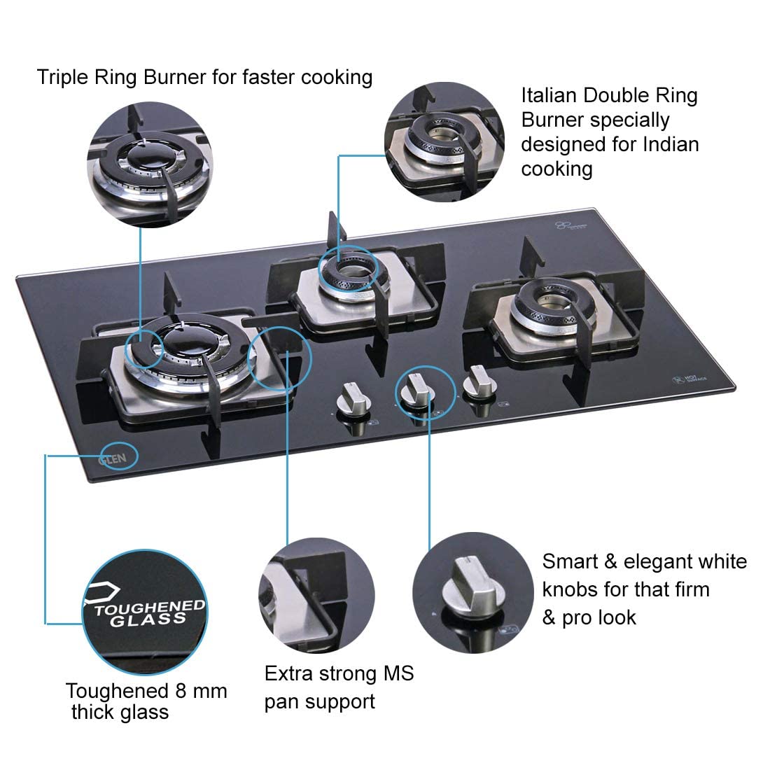 Glen 3 Burner Built-in Glass Hob 1073 SQ IN