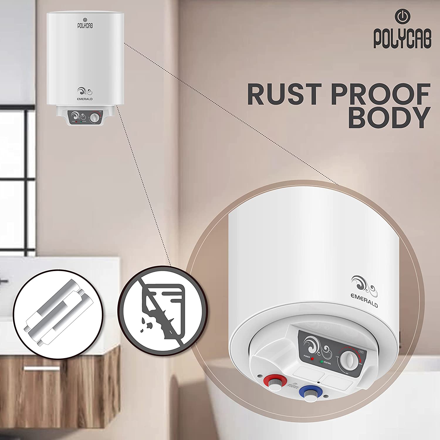 Polycab Emerald 10 litre Electric Storage Water Heater (Geyser) with 4 Star BEE Rating, Anti-rust tank, shock-proof body with advanced safety and 7 Year Inner Tank Warranty (White)