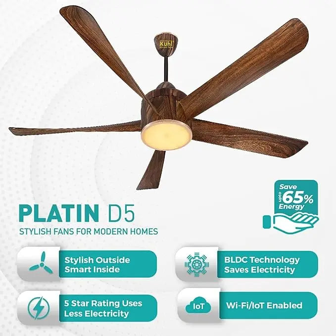 KUHL Platin D5, Teakwood, Stylish BLDC Fan|5 Star Rated 5 Aerodynamic ABS Blades| Down Light| 1500 mm Sweep| Operate on Remote - Mobile - Alexa| Reverse Mode