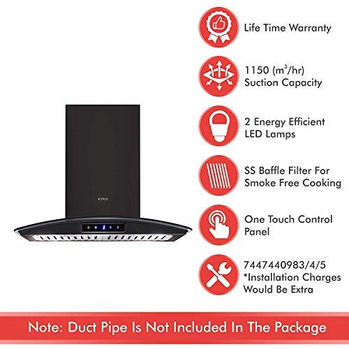 Elica Chimney with Life time Warranty (Glace Trim LTW 60 TC 3V Power Plus LED, Black)