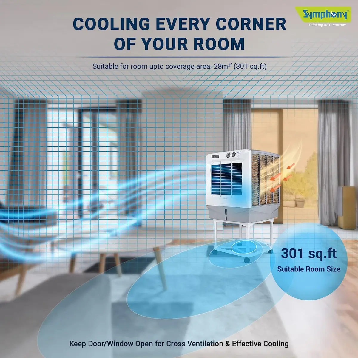 Symphony Jumbo 65+ Desert Air Cooler For Home with Aspen Pads, Powerful Fan, Cool Flow Dispenser and Free Trolley (61L, White)