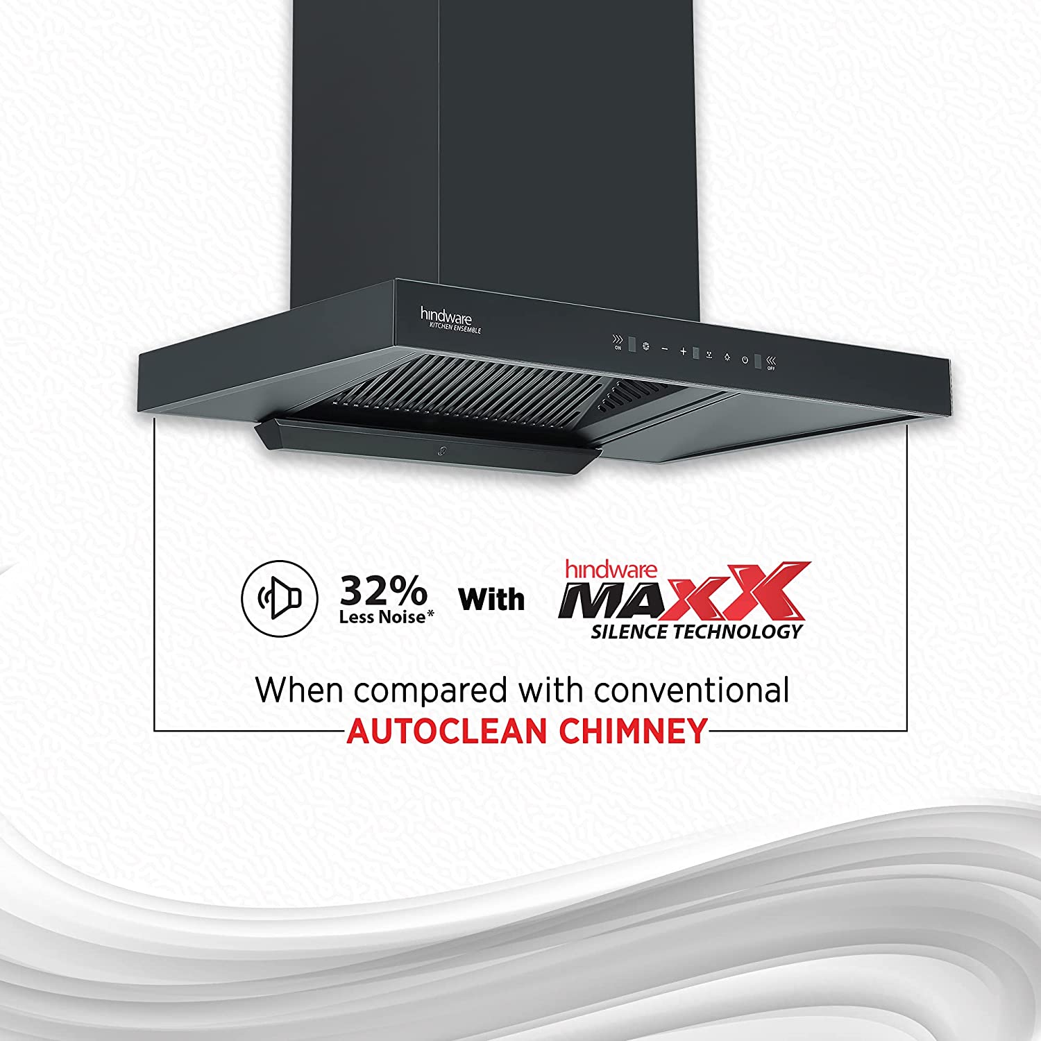 Hindware Atlanta 75 cm 1350 m³/hr Filterless Auto-Clean Kitchen Chimney With MaxX Silence Technology, Motion Sensor (32% Less Noise, Touch Control, Black)