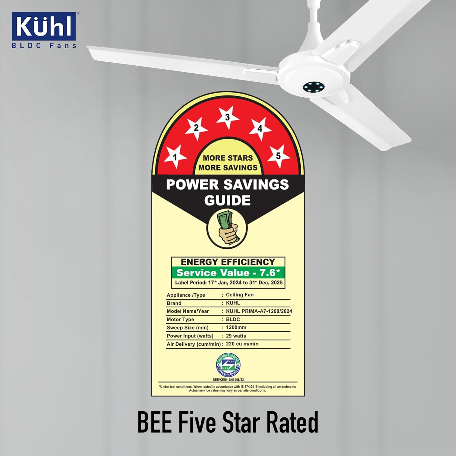 KUHL Prima A7 1200mm BLDC Ceiling Fan | Remote Control | 65% Power Savings | 29W | BEE 5 Star & ISI Certified