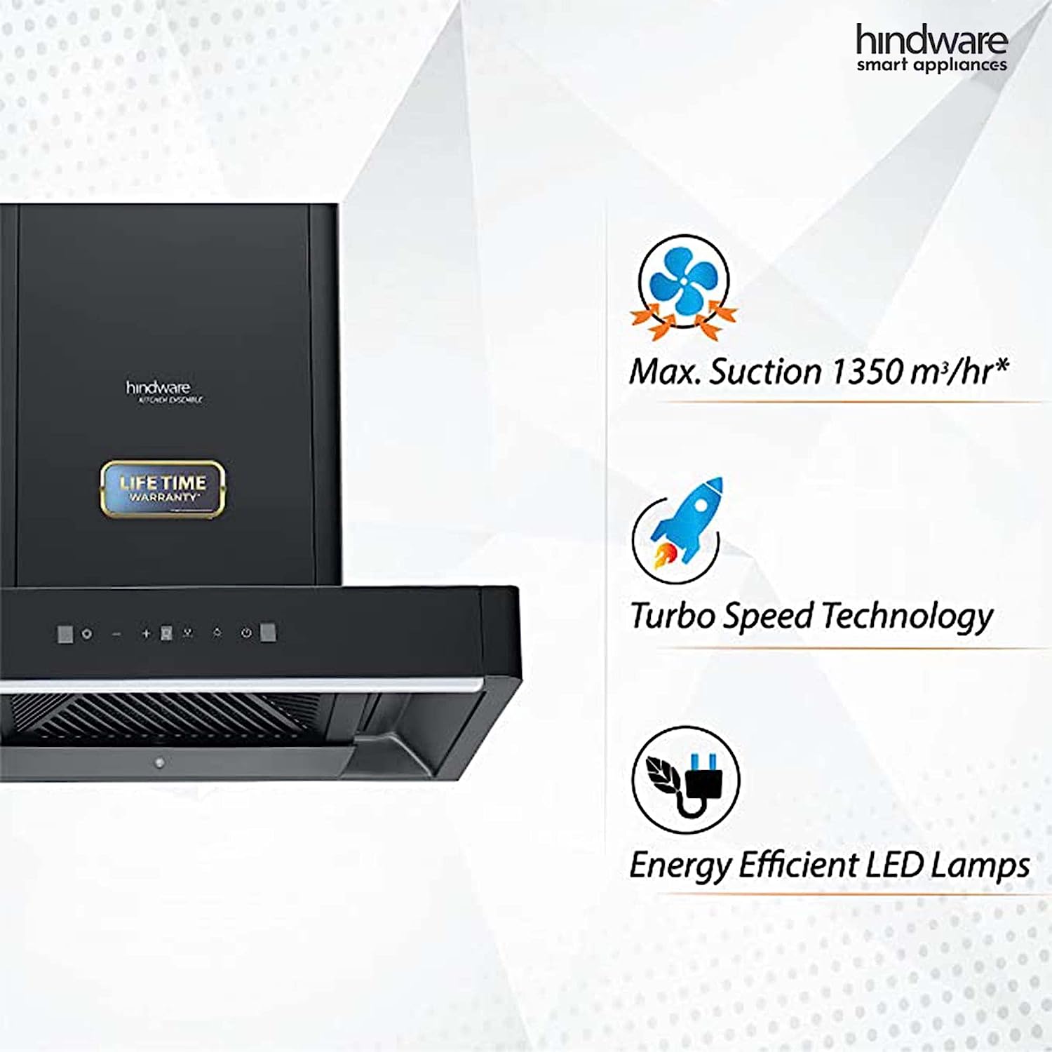 Hindware Optimus 60 cm 1400 m³/hr Filterless Auto-Clean Wall Mounted Kitchen Chimney with Motion Sensors, Touch Control, MaxX Silence Technolog