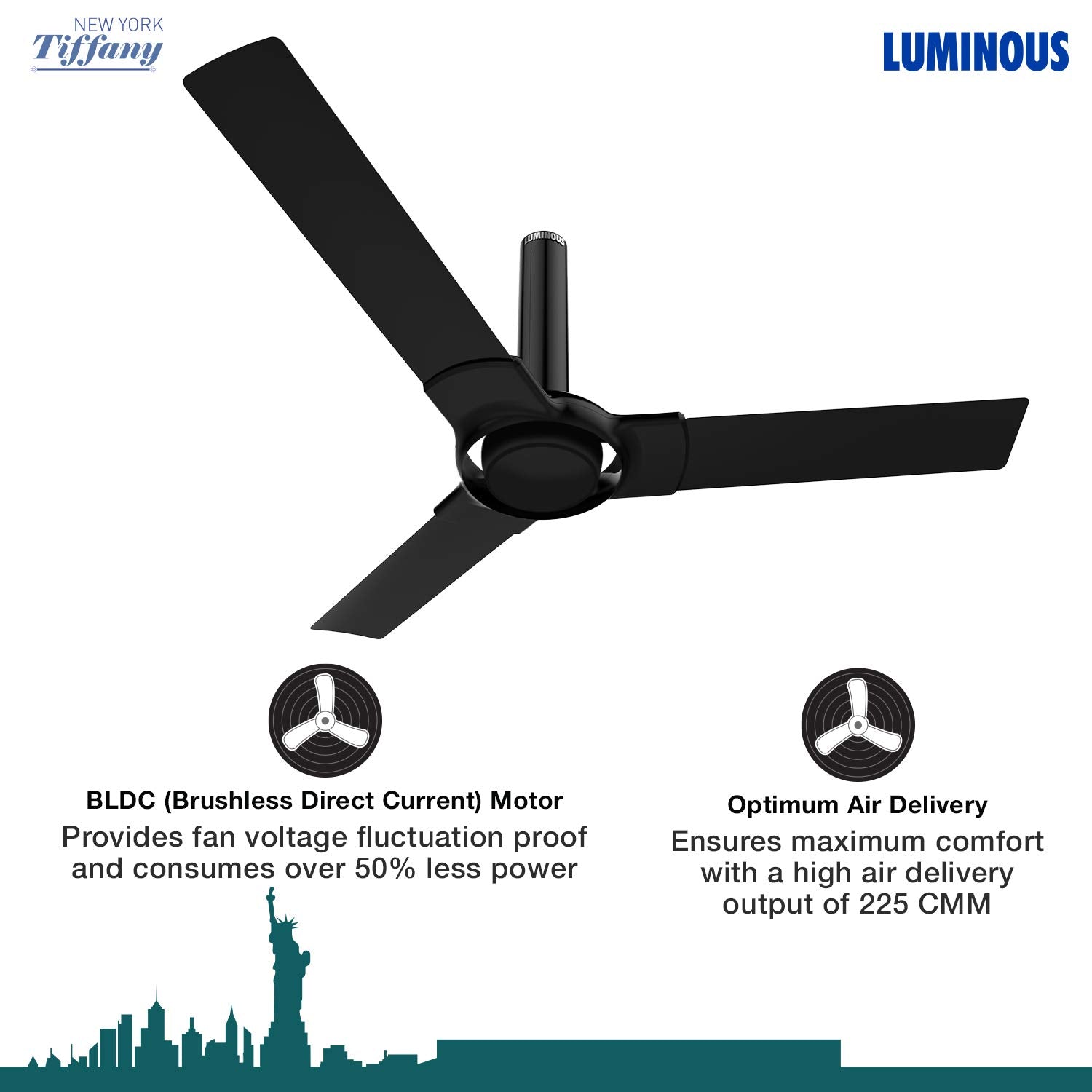 Luminous New York Tiffany 3 Blade Ceiling Fan with Remote Control and BLDC Motor, 1200mm - Midnight Black