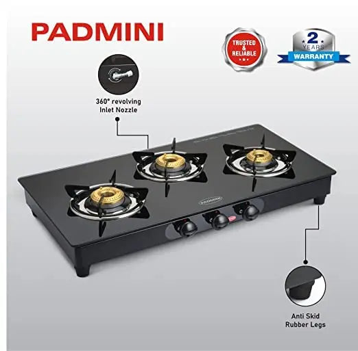 Padmini Gas Stove, 3 Burner, Black (CS-3GT Curve Auto)