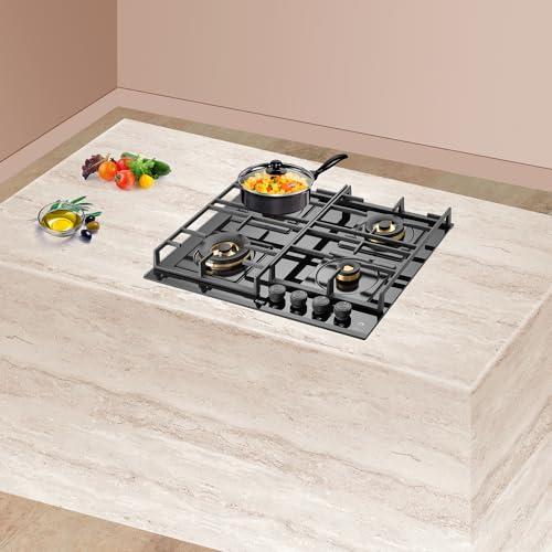 KAFF HBR 604 Built-in Hob/Hobtop 4 Burners, Auto Electric Ignition Glass Top, 60 CM, Powerful Brass Burners, 8 MM Thick Toughened Glass, Enamelled Matt Grills (Black)