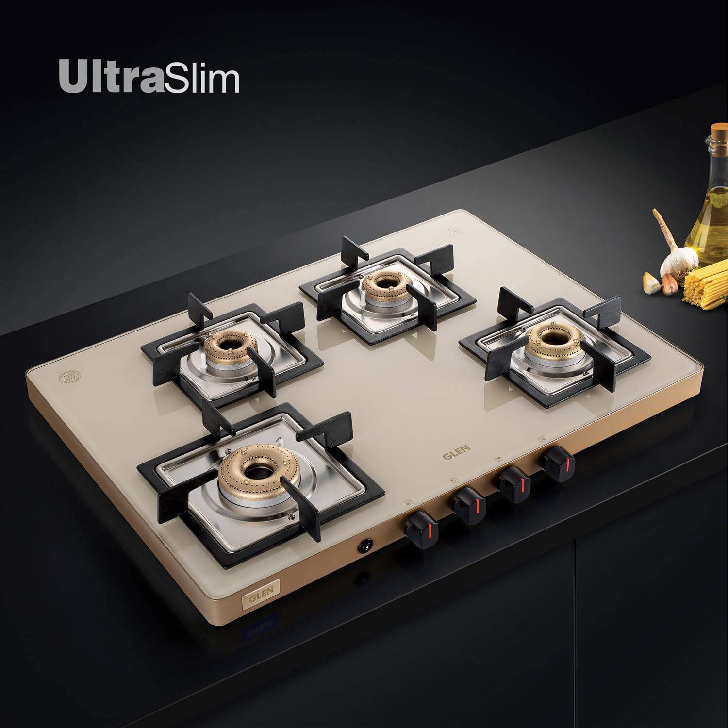 Glen 4 Burner Ultra Slim Glass Gas Stove 1 High flame Forged Brass Burner With 5-Year Warranty | Revolving Inlet Nozzle | 2-Year Warranty On Product By Brand (Apricot-Auto Ignition)
