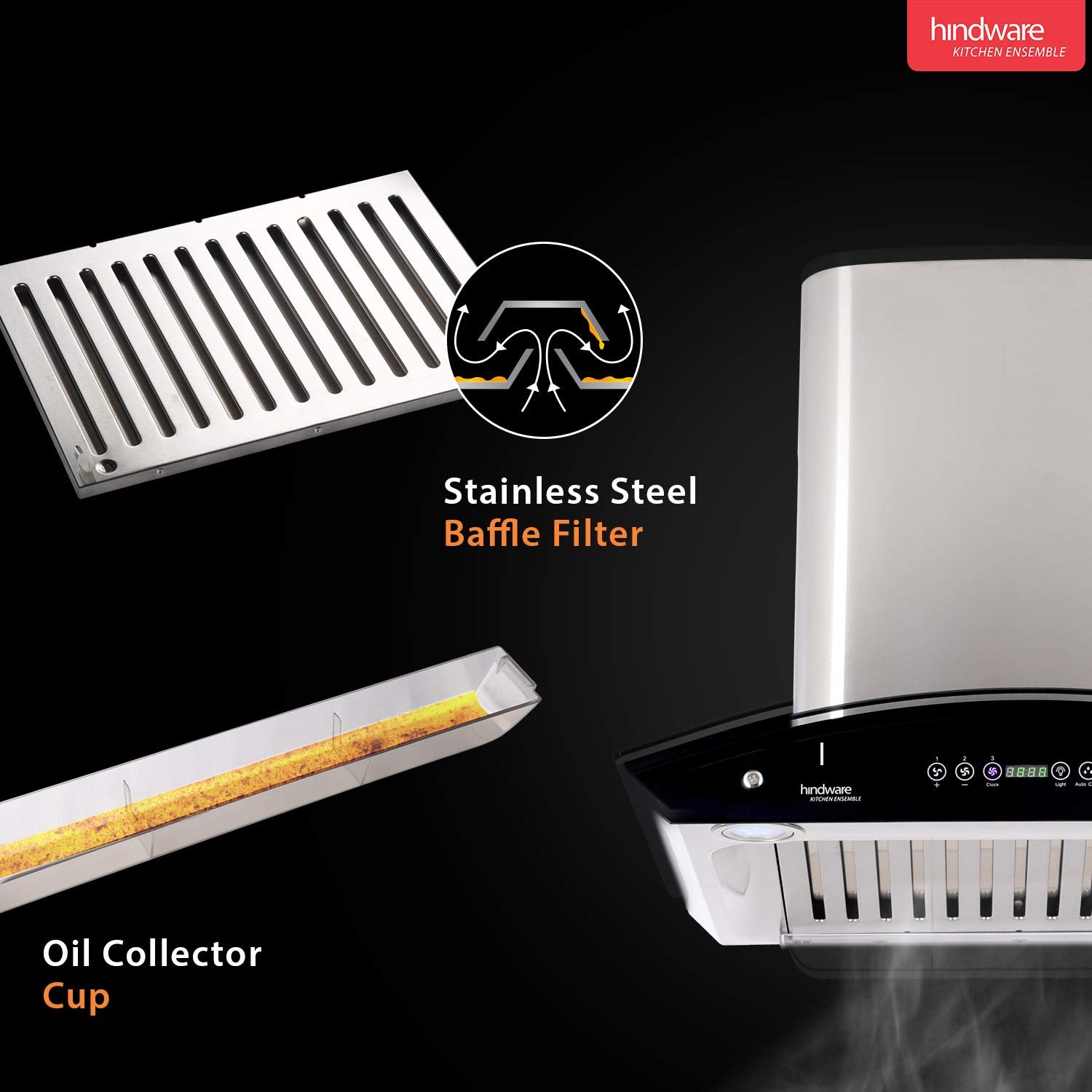 Hindware 60cm 1200 m3/hr Auto Clean Chimney (Cleo 60, 1 Baffle Filter, Steel/Grey)