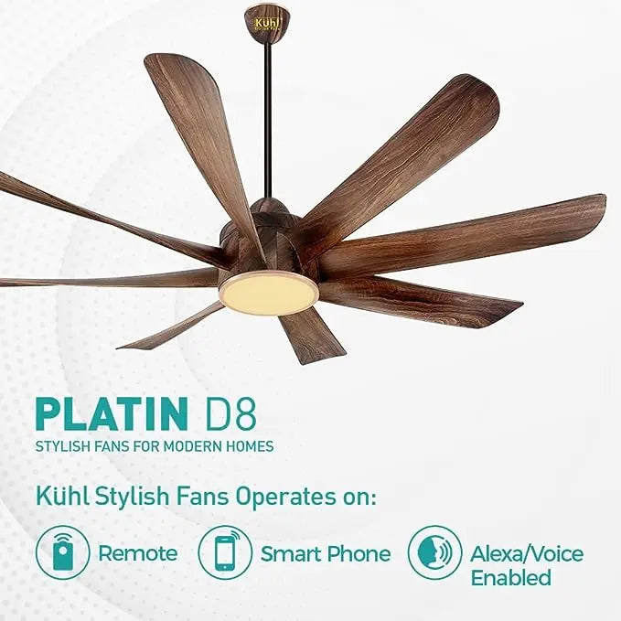 KUHL Platin D8,Teakwood, Stylish BLDC Fan| 5 Star Rated| Low Power 38W|High Air Flow| Low Noise| 8 Aerodynamic ABS Blades| Down Light | 1500 mm Sweep |Operate on Remote - Mobile - Alexa | Reverse Mode