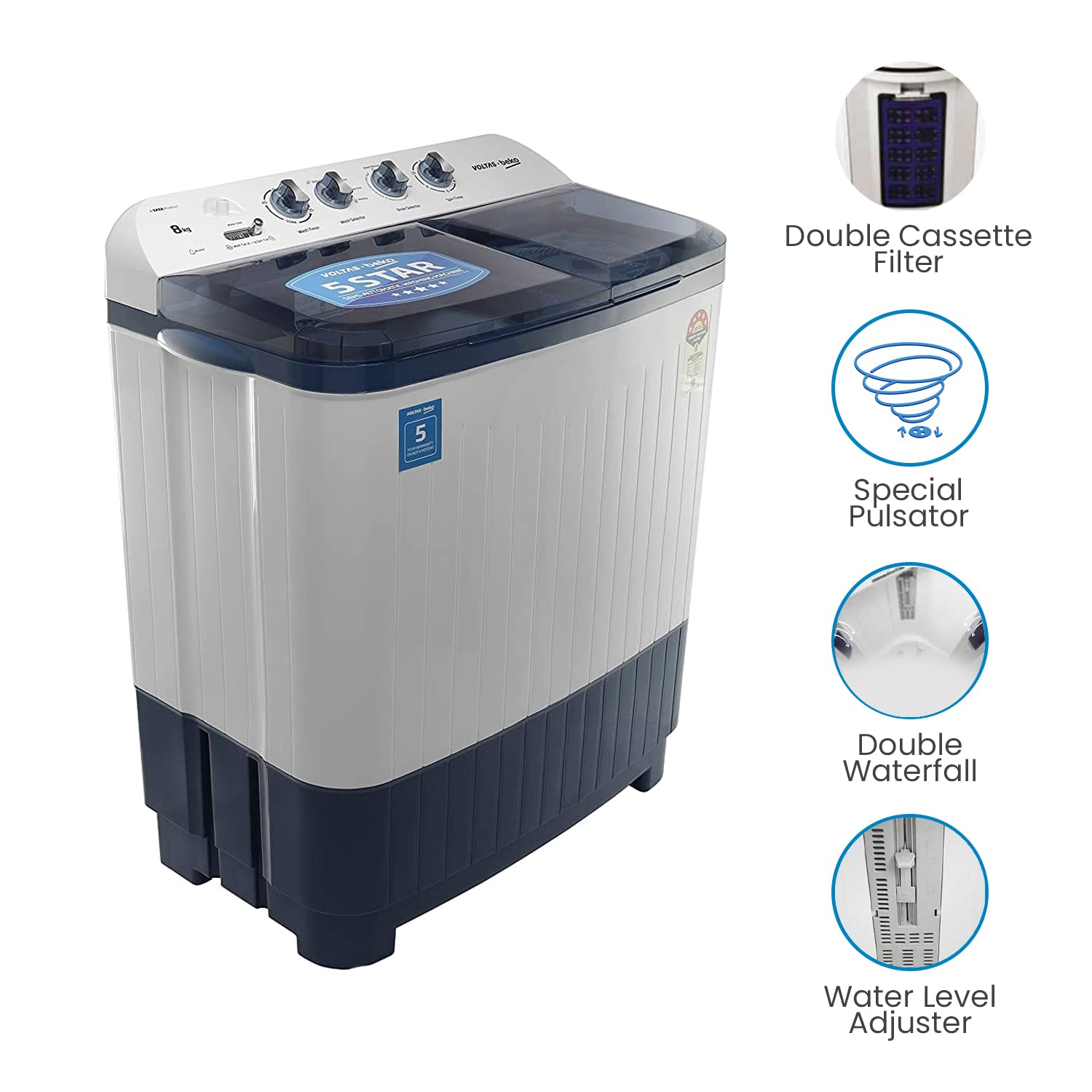 Voltas Beko 8 kg Semi-Automatic Top Loading Washing Machine, 2 Casette Filter (WTT80DBLT, Sky Blue)
