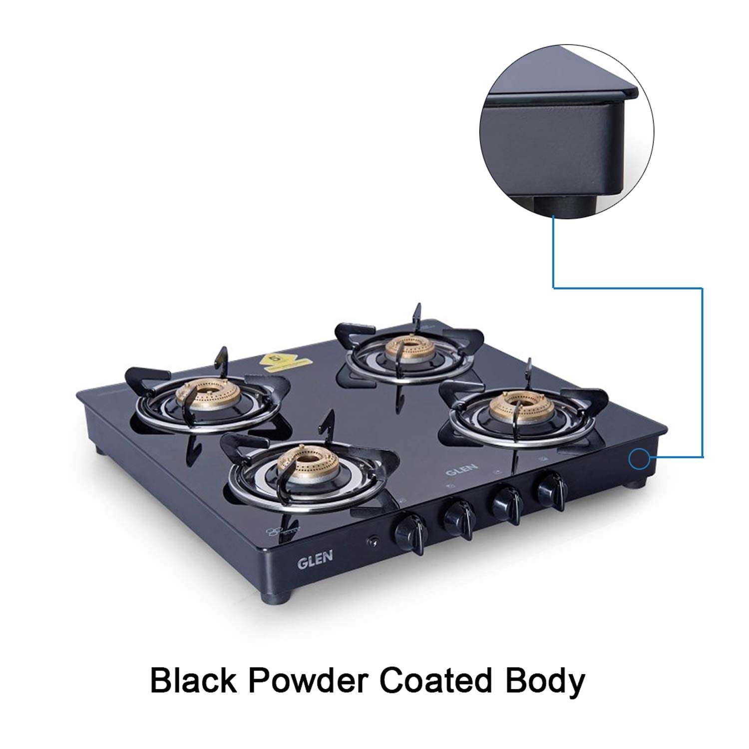 Glen 4 Burner LPG 6mm Thick Toughened Glass Top Gas Stove|Brass Burner|ISI Certified|Auto Ignition|Black|Drip Trays|Revolving Inlet Nozzle|2 Year Warranty On Product|CT4B55BLBBAI