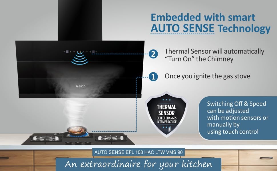 Elica 90 cm 1350 m3/hr Thermal Sensor Filterless Autoclean Angular Kitchen Chimney with 15 Years Warranty (AUTO SENSE EFL 108 HAC LTW VMS 90)