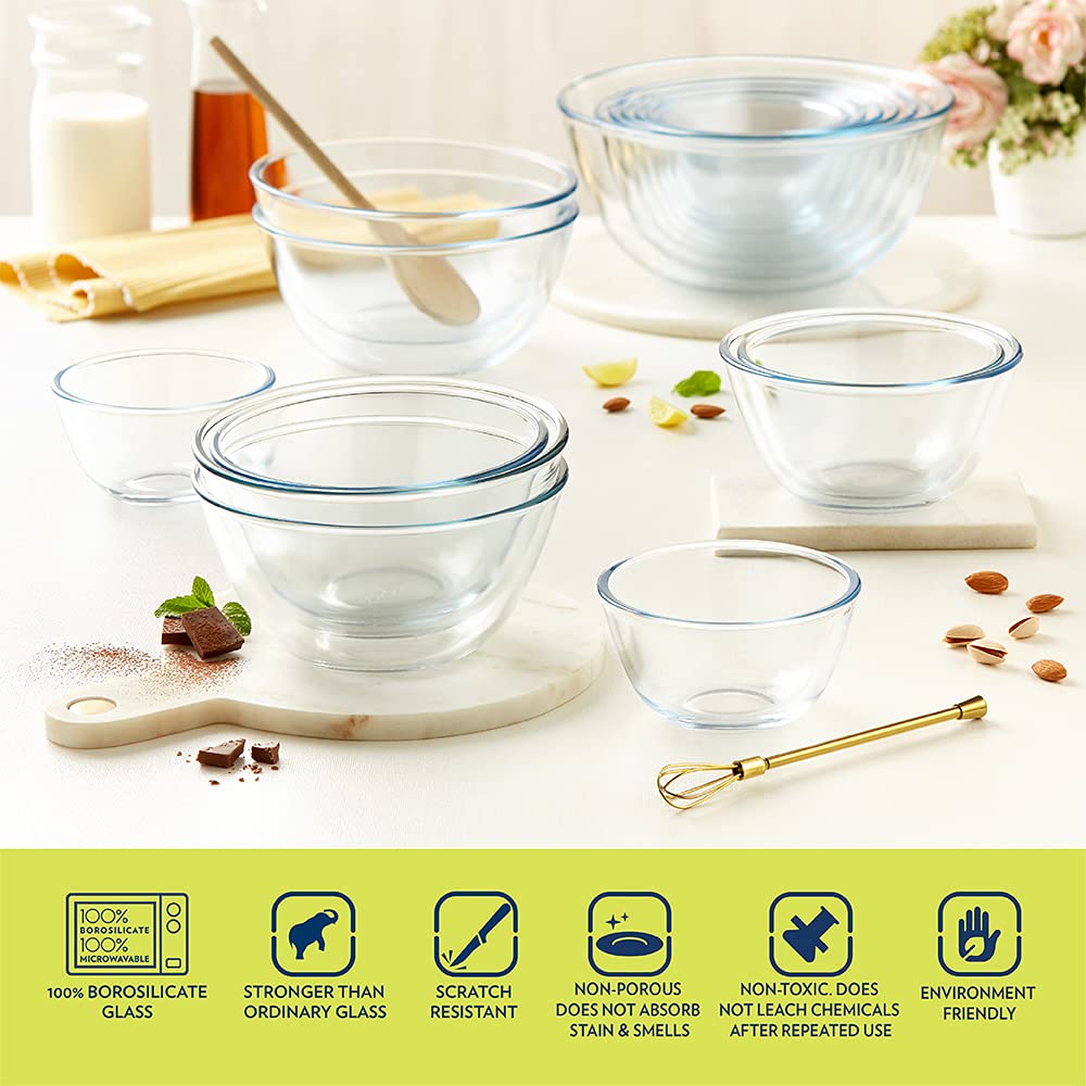 Borosil Glass Mixing & Serving Bowl Set, Set of 3, Oven & Microwave Proof, 350 ml +500 ml + 900ml, Clear (IYECSB03NL3559)