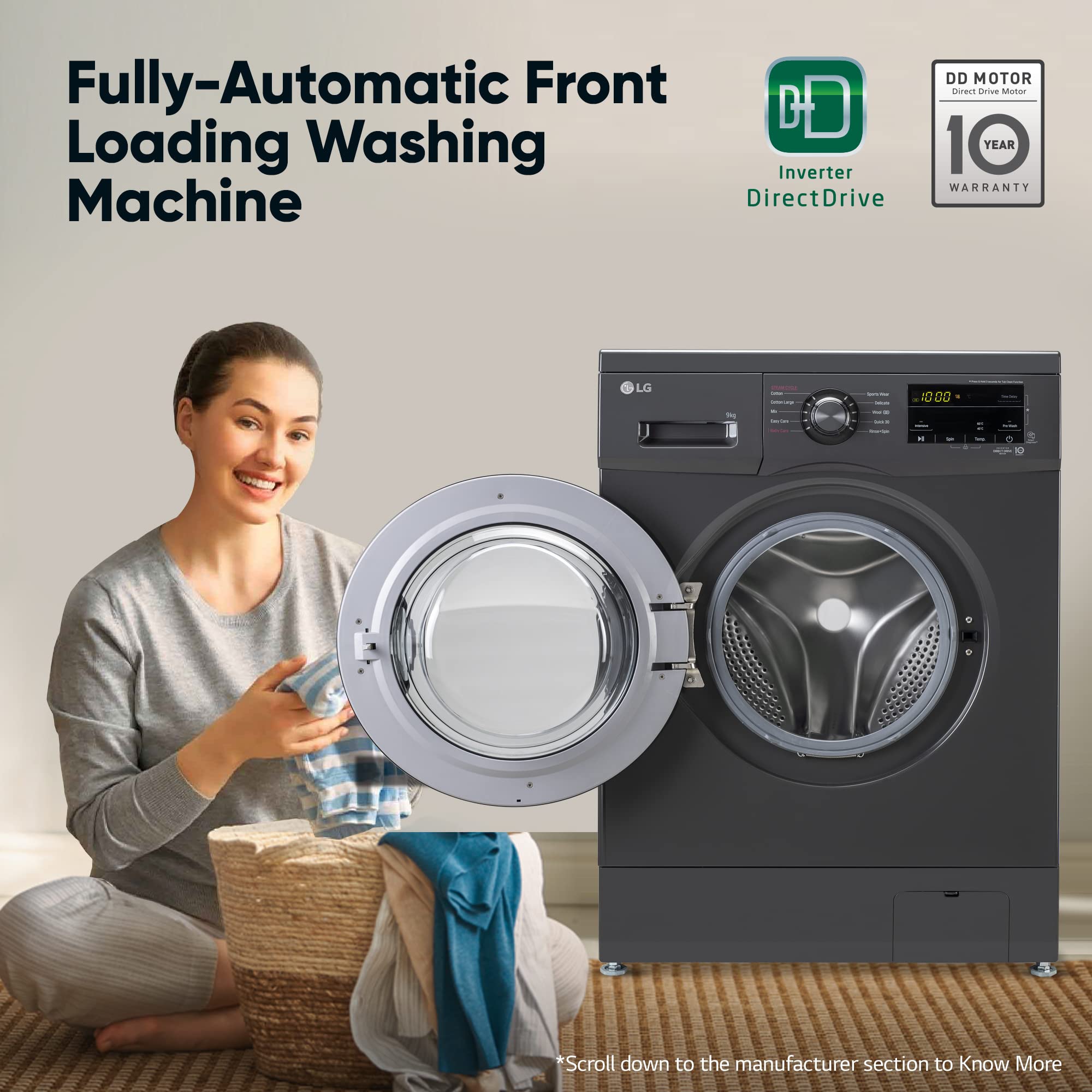 LG 9 Kg 5 Star Direct Drive Technology, Steam Wash, 6 Motion DD, Smart Diagnosis, Fully-Automatic Front Load Washing Machine (FHM1409BDM, Allergy Care, In-Built Heater, Touch Panel, Middle Bl