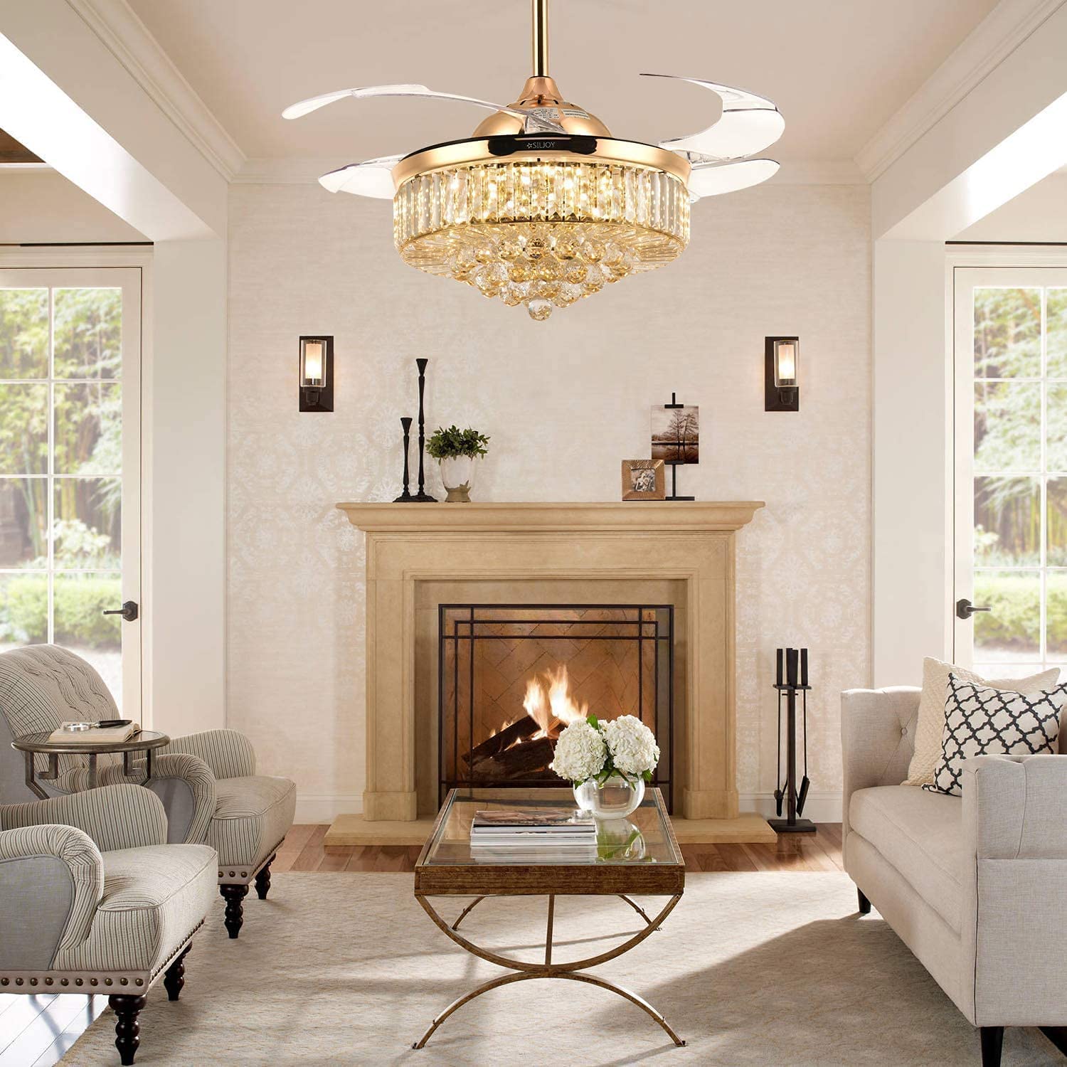 oltao Picola Gold Chandelier Fan with BLDC Motor, LED Light, Noiseless Retractable Blade, Summer/Winter mode And Remote