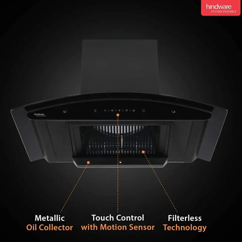 Hindware Chimney Chromia 90 Cm BLK 1200 m³/hr Chimney With Motion Sensor