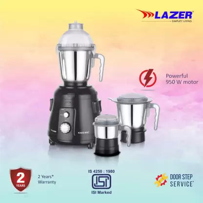 Lazer Power Bolt 3 Jars 950W Mixer Grinder (black)