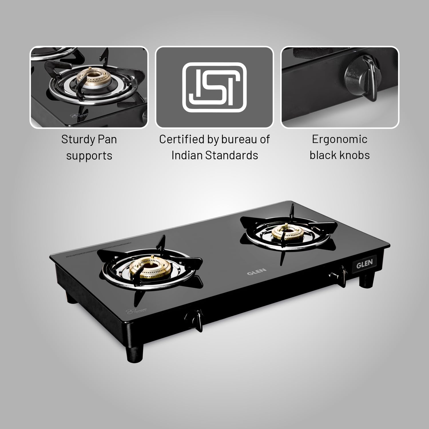 Glen 2 Burner Toughened Glass Top | LPG Gas Stoves | Fuel Efficient Brass Burners | Manual Ignition | ISI Certified | Ergonomic Knobs | Revolving Nozzle | 2 Manufacturer Year Warranty | 1020