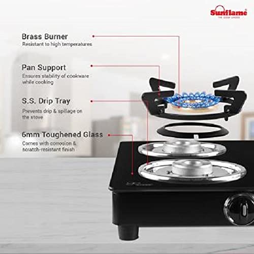 Sunflame (Classic Bk) Glass Top 4 Brass Burner Gas Stove, Open