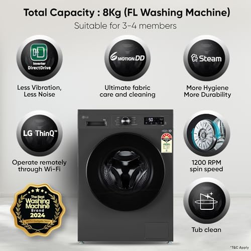 LG 8 Kg 5 Star Wi-Fi, Direct Drive Technology, Steam Wash, 6 Motion DD, Fully-Automatic Front Load Washing Machine (FHB1208Z4M, Allergy Care, In-Built Heater, Touch Panel, 2024 model, Middle