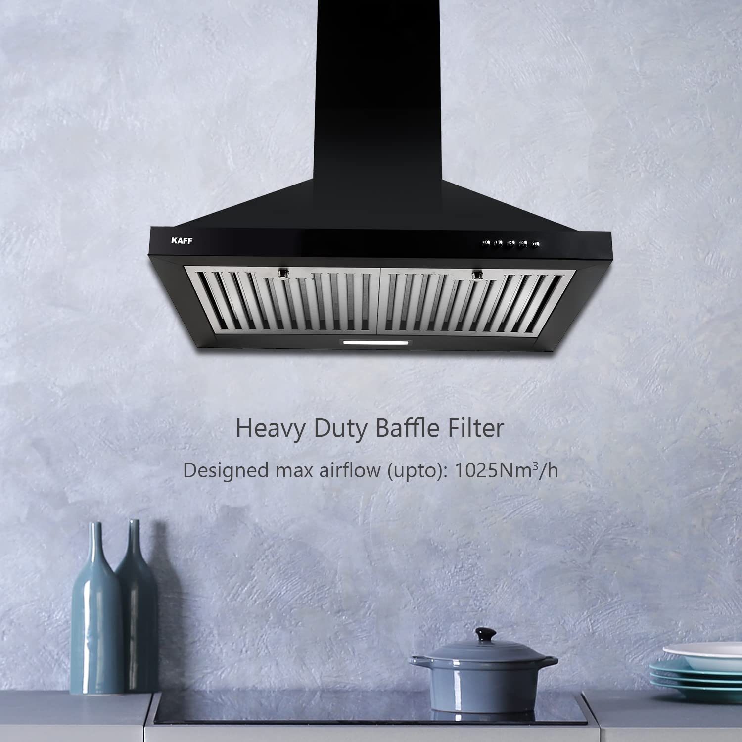 KAFF MELL60B 60CM Kitchen Chimney with 1025 m3/hr Suction, Soft Push Buttons, Matt Black Rust-Free Coating: Heavy Duty Baffle Filter & Pyramid Design