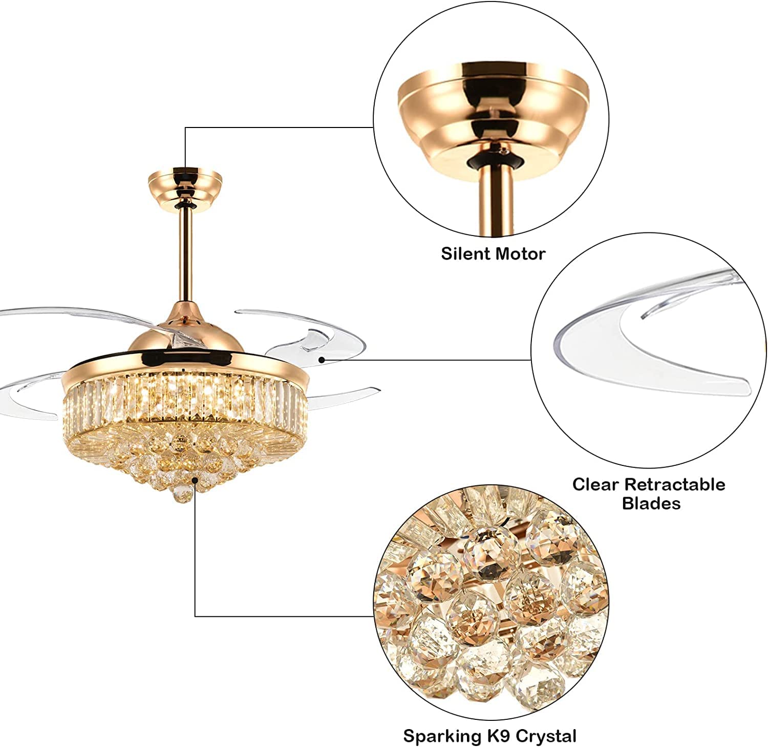 oltao Picola Gold Chandelier Fan with BLDC Motor, LED Light, Noiseless Retractable Blade, Summer/Winter mode And Remote