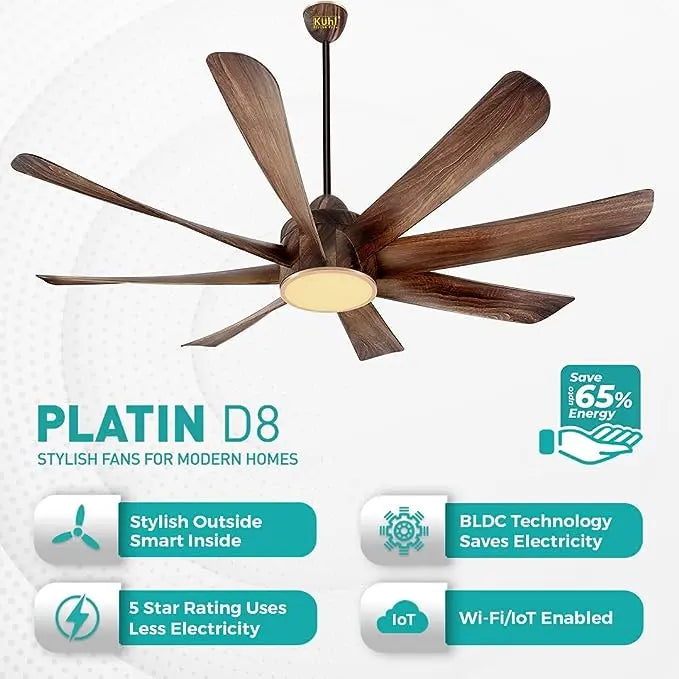 KUHL Platin D8,Teakwood, Stylish BLDC Fan| 5 Star Rated| Low Power 38W|High Air Flow| Low Noise| 8 Aerodynamic ABS Blades| Down Light | 1500 mm Sweep |Operate on Remote - Mobile - Alexa | Reverse Mode