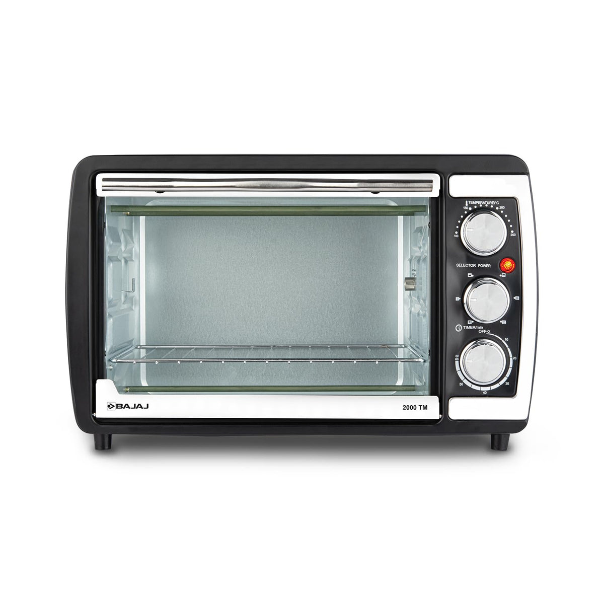 Bajaj 2000 TM 20 L OTG front view showing glass door, wire rack and three control knobs