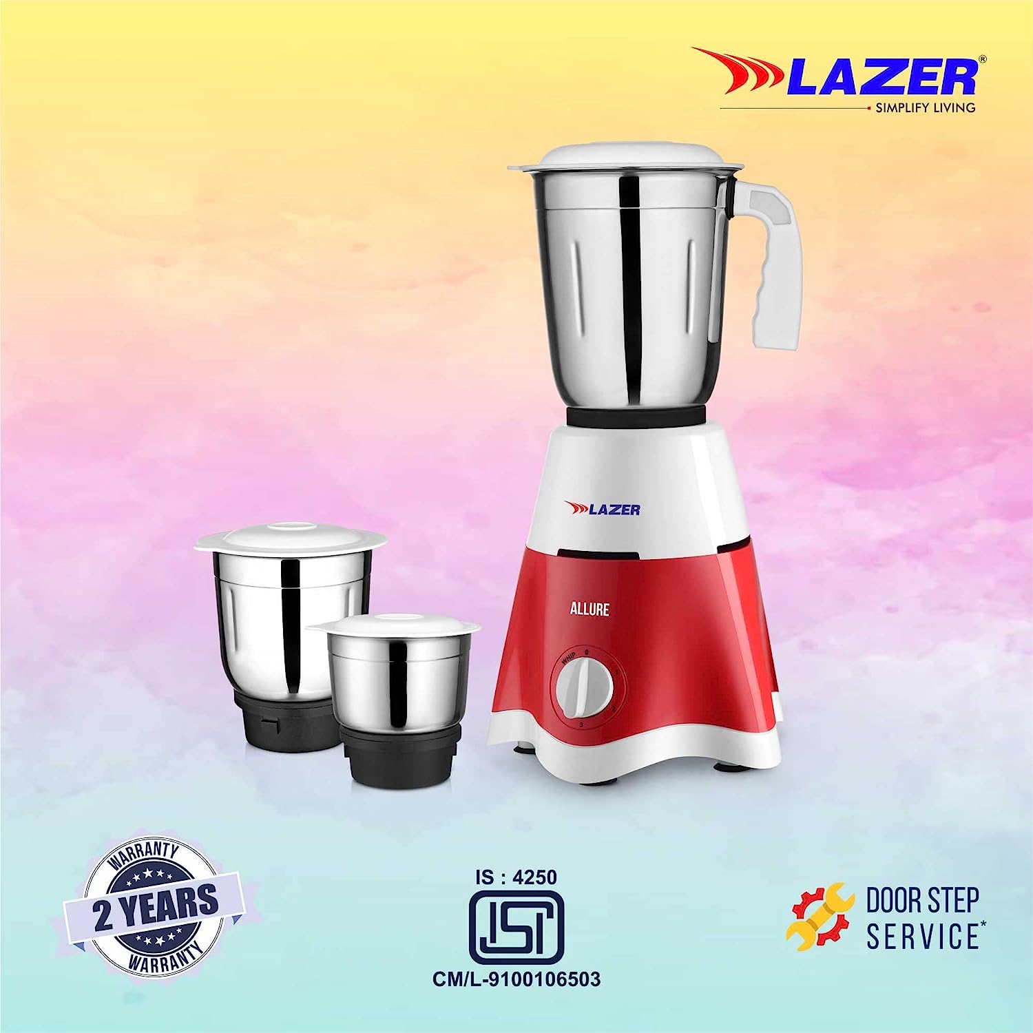 Lazer Allure 3 jars 500W Mixer Grinder (Red)