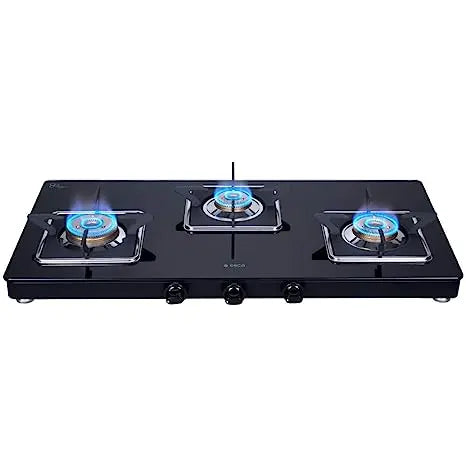 Elica Slimmest 3 Burner Gas Stove with Square Grid and Brass Burner (773 Ct Vetro (Slim Line Spf)), Manual Ignition