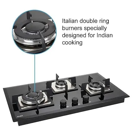Glen 3 Burner Built in Glass Gas Hob Top with Italian Double Ring Burners, Auto Ignition, Black (1073 SQ HT IN TR)