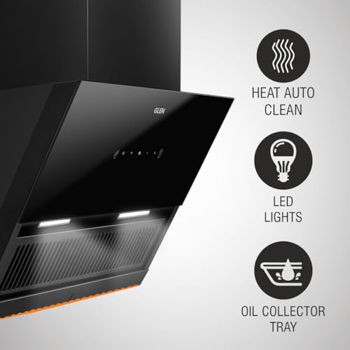 GLEN 90 cm 1200 m3/hr Auto-Clean Filterless Angular Glass Kitchen Chimney (Hood Neo Ex,Touch+Motion Sensor Controls,Black)