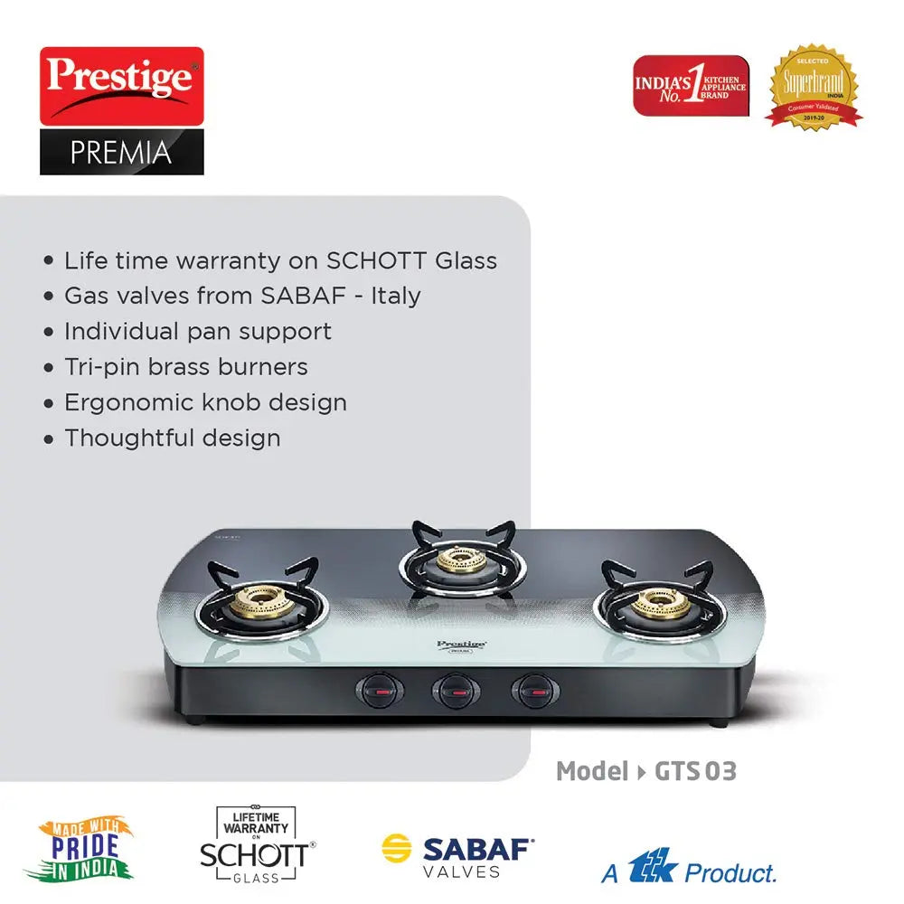 Prestige Premia GTS 03 L Glass Top Gas Stove 40173