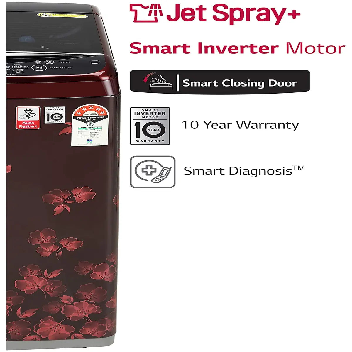 LG 6.5 Kg 5 Star Smart Inverter Fully-Automatic Top Loading Washing Machine (T65SJDR1Z, Red Floral Pattern, Punch+3)