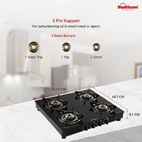 Sunflame (Classic Bk) Glass Top 4 Brass Burner Gas Stove, Open