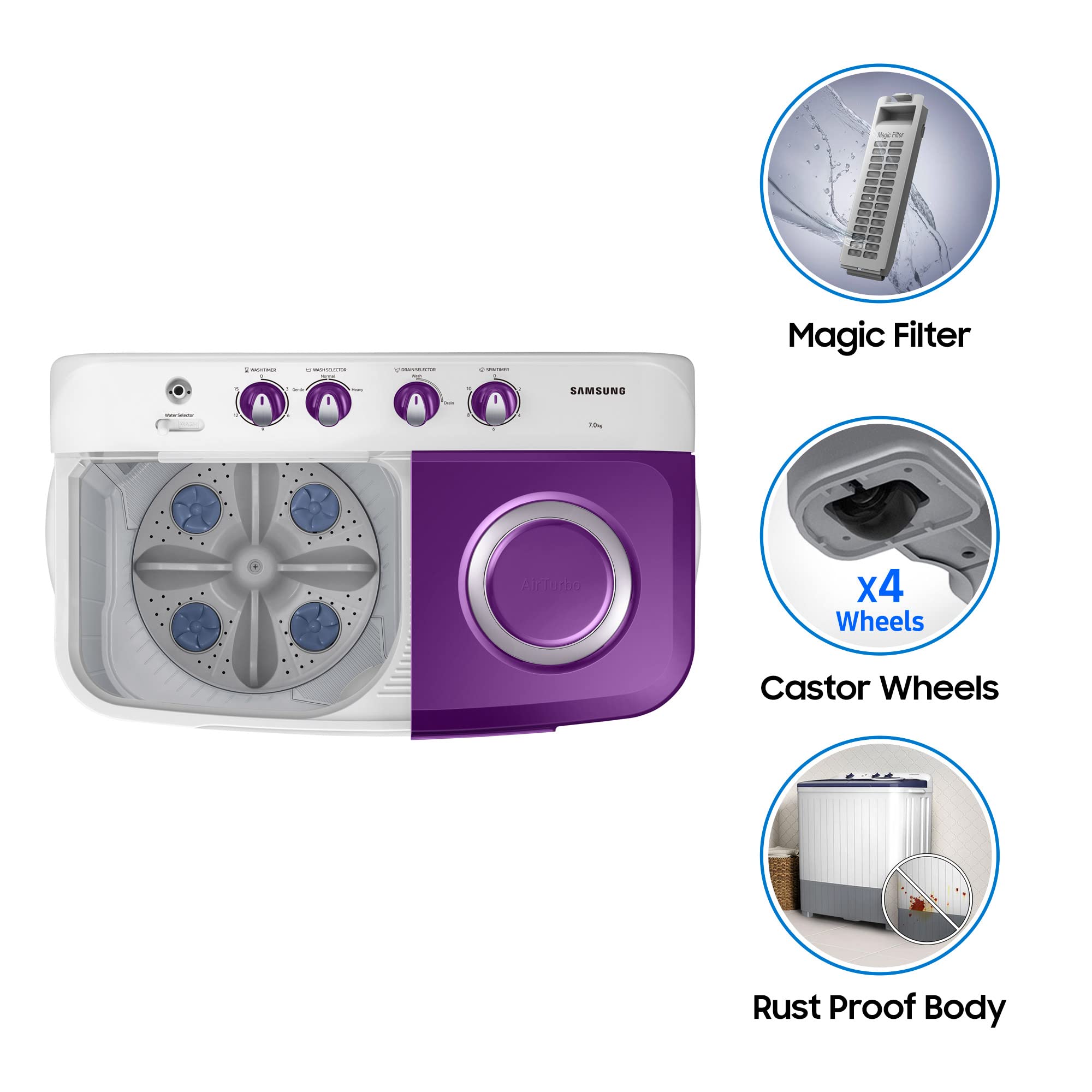 Samsung 7 kg, 5 star, Semi-Automatic Top Load Washing Machine (WT70M3000UU/TL, Air Turbo Drying, LIGHT GRAY)
