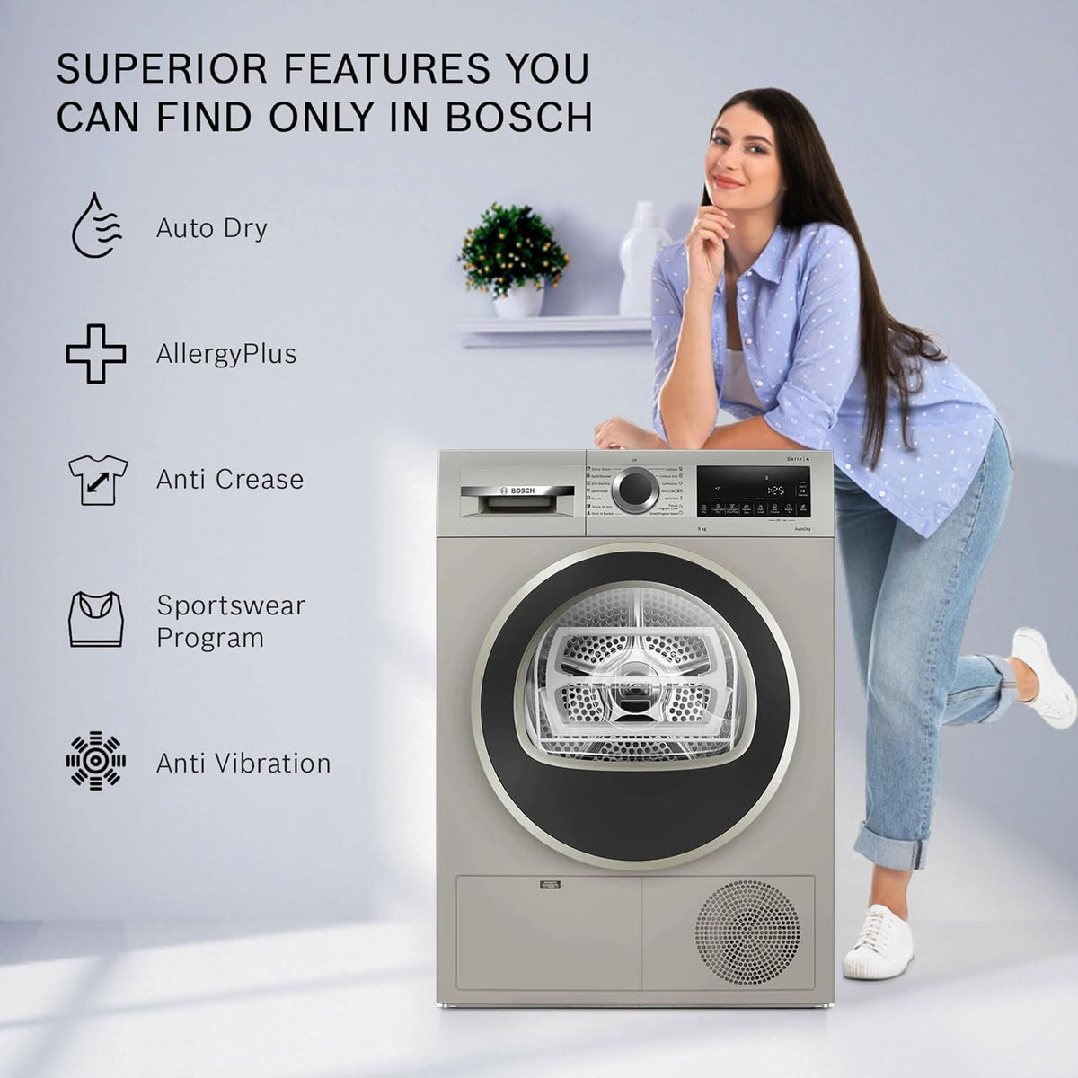 Bosch WQG24108IN dryer with feature icons: Auto Dry, AllergyPlus, Anti Crease, Sportswear and Anti Vibration