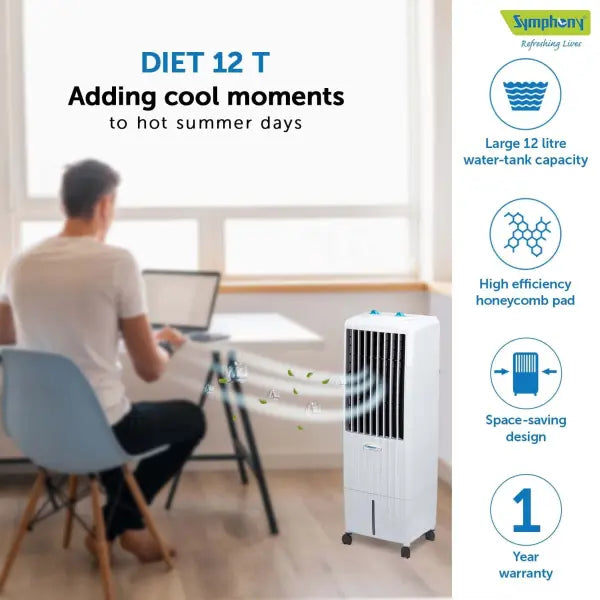 Symphony Diet 12T Personal Tower Air Cooler for Home with Honeycomb Pad, Powerful Blower, i-Pure Technology and Low Power Consumption (12L, White)