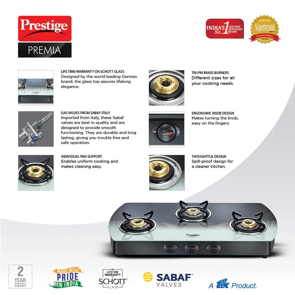 Prestige Premia GTS 03 L Glass Top Gas Stove 40173