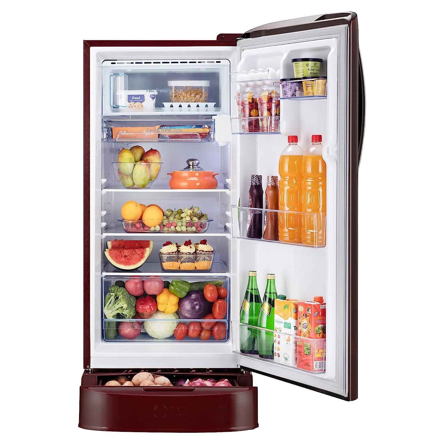 LG 201 L 5 Star Inverter Direct-Cool Single Door Refrigerator (GL-D211CSEU, Scarlet Euphoria, Base stand with drawer)