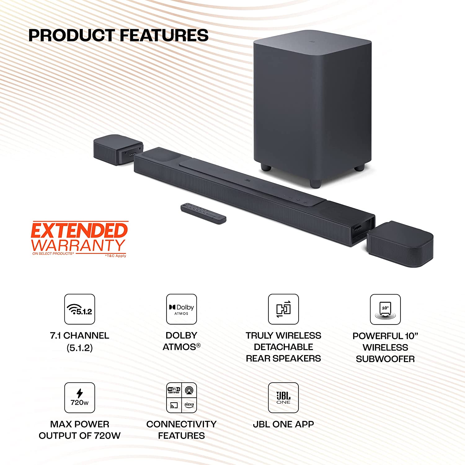 JBL Bar 800 Pro, 7.1 (5.1.2) Channel Truly Wireless Soundbar with True Dolby Atmos® 3D Surround Sound, 10” Down-Firing Wireless Subwoofer, PureVoice, HDMI eARC, Bluetooth, Wi-Fi & Optical Input (720W)
