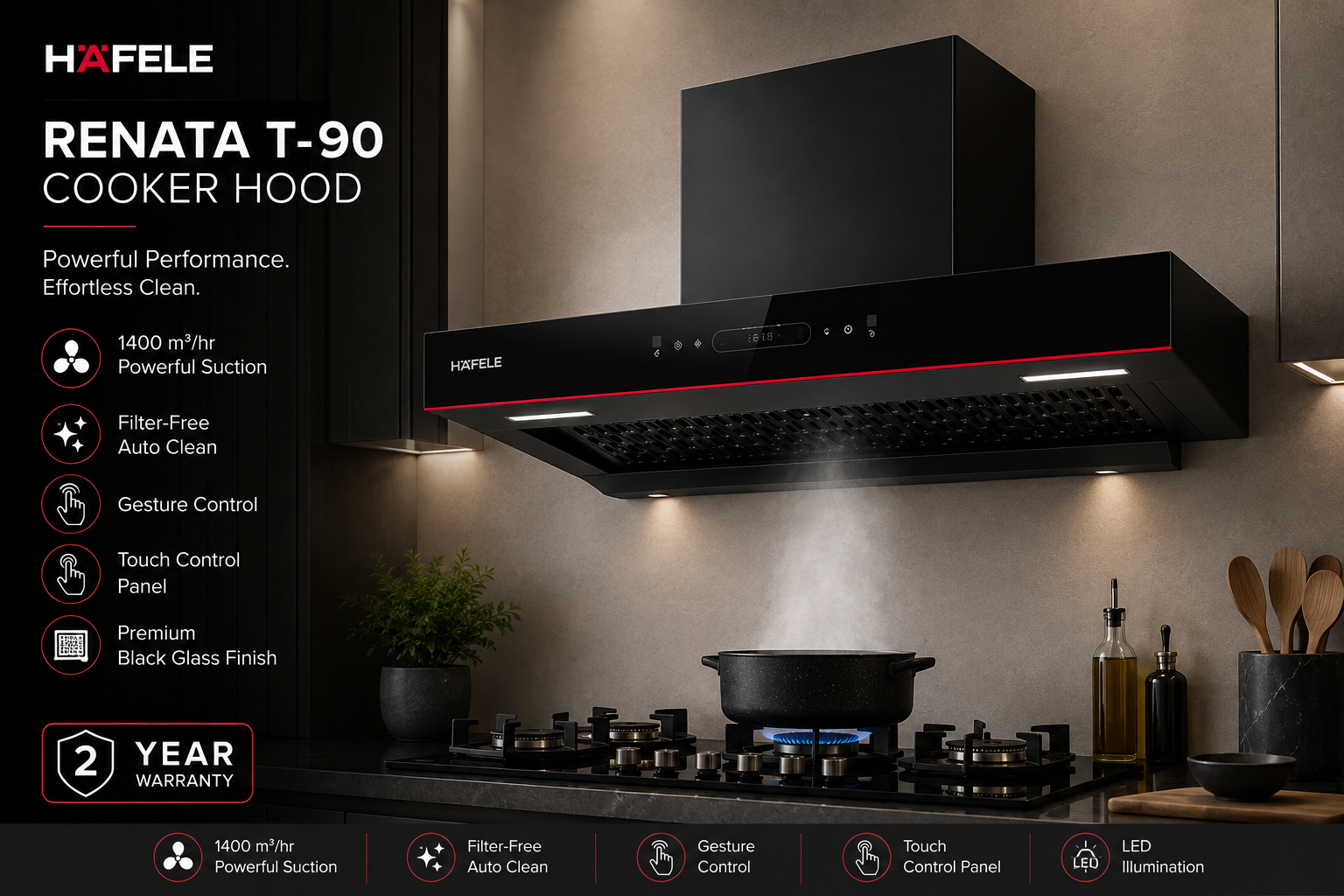 Hafele Renata T-90 Filter-Free Auto Clean Cookerhood | 90cm | Black Glass