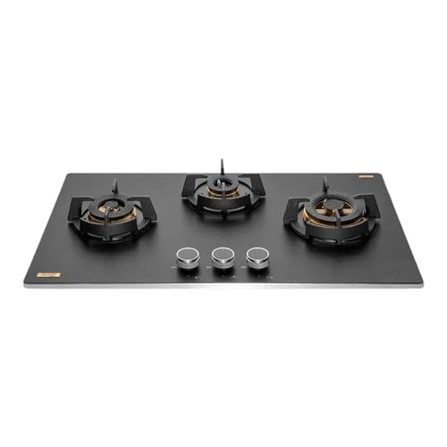 KAFF MSM 783X | Full Brass Burners | Flame Failure Device | Premium Frosted Black Glass With Decorative SS Moulded Strip | Ergonomic Designer Metal Knobs | 3 Burner (Black)