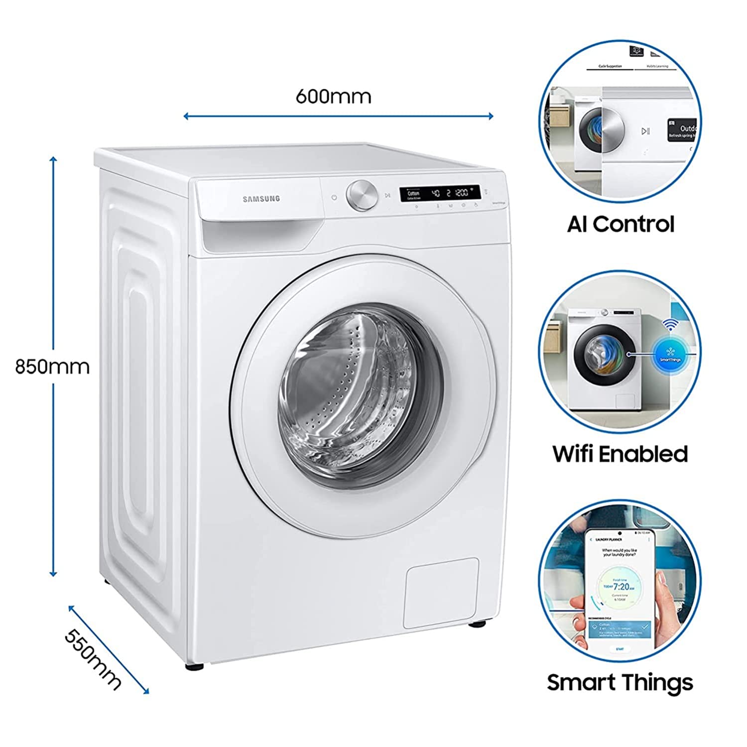 Samsung 7Kg WW70T502NTW1TL Front Loading Washing Machine 5 Star White