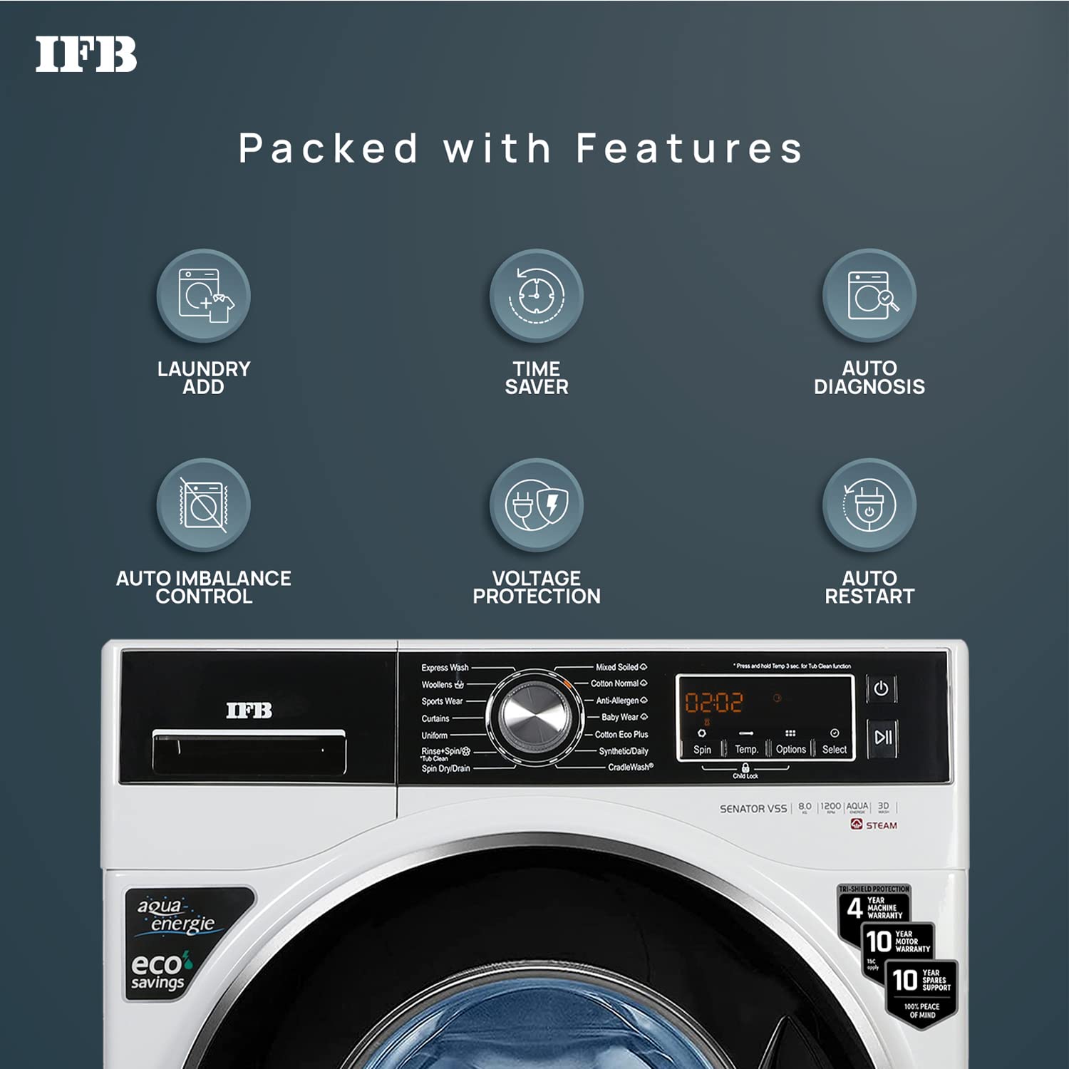 IFB 8 Kg 5 Star Front Load Washing Machine 2X Power Steam (Senator VSS 8012, White & Black, In-built Heater, 4 years Comprehensive Warranty)