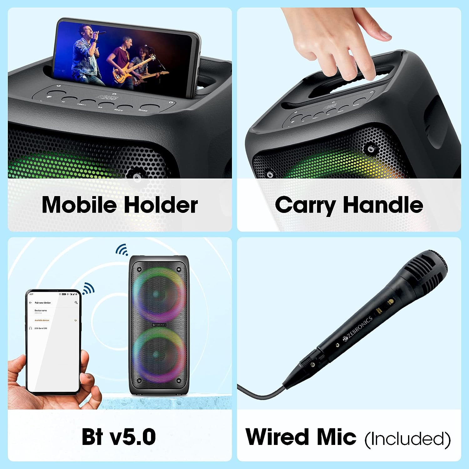 ZEBRONICS Barrel 200 Bluetooth 5.0 Portable Speaker with 40W RMS, TWS, Wired Mic, Karaoke, RGB Lights, Mobile Holder, Dual 6.5" Drivers, Carry Handle and Built-in Rechargeable Battery